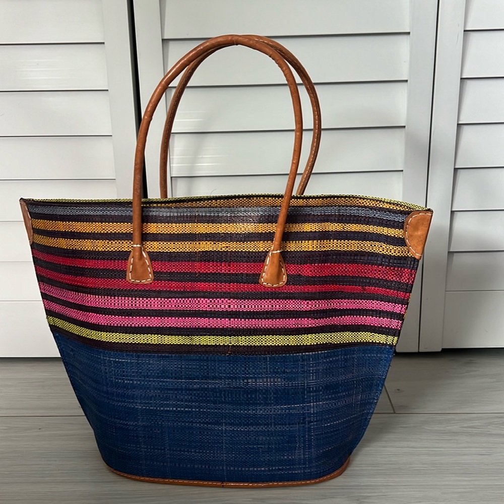 Colorful woven tote bag with long drop handles